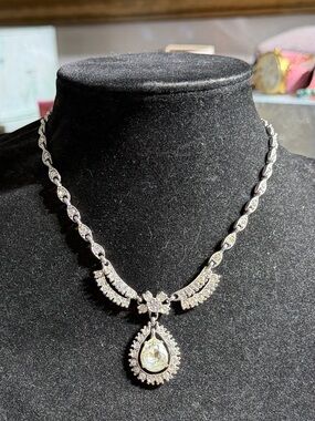 Vintage Bogoff Silver Tone Teardrop Clear Crystal Necklace